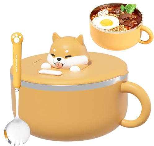 Ramen Schüssel mit Deckel 1200mL, Instant Nudel Schüssel, Ramen Instant Nudeln Bowl Suppenschalen, Ramenschüssel mit Gabel, Ramenbowl Wärmeisolierung Siegel fur Suppe Nudeln Knödel Salate (Gelb)
