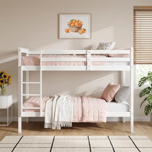 Panana Single Wooden Bunk Bed Frame, 3FT Twin Sleeper Solid Pine Platform Bed (White, Single Bunk)