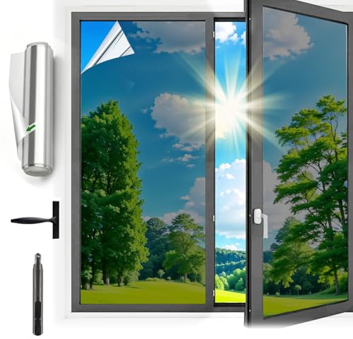 Fensterfolie Spiegelfolie, Sonnenschutz Hitzeschutz innen oder außen, Rückstandslose Spiegelfolie Fenster Hitzeschutz, Selbstklebend UV Schutzfolie Fenster Sonnenschutzfolie (44.5x400cm)