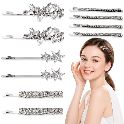 JNYUTEEN 10 Stück Strass Haarspangen, Glitzer Silber Haarschmuck Haarnadeln Hair Clip, Braut Haarschmuck für Frauen Hochzeiten Party