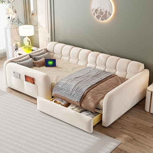 UATARU 90cm*200cm Upholstered Sofa Bed with Drawer and Night Light, Velvet Platform Bed Frame with Charging Ports, No Mattress (beige)