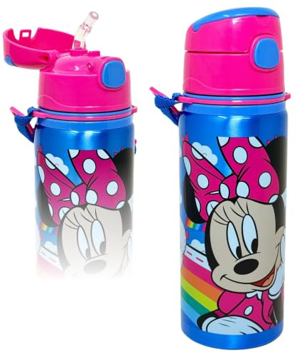 Clondo Borraccia per Bambini 3-10 Anni 600ml in Alluminio con Cannuccia e Tracolla | Bottiglia d'Acqua Anti-Goccia Asilo e Scuola | Idea Regalo con Targhetta Nome | Vari Personaggi (Minnie)