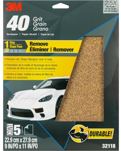 3M Sandpaper, 32118, 40 Grit, 9 in x 11 in, 5 Sheets Per Pack