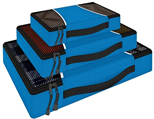 Vinsani 3pc Packing Cubes Travel Organiser Set for Suitcase, Blue | Lightweight, Travelling Essentials Luggage Storage Compression Bags for Multi Toiletries & Clothes