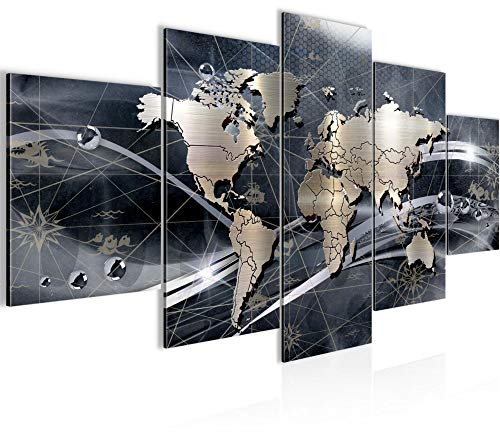 Runa Art - Quadri Mappa Del Mondo 200 x 100 cm 5 Pezzi XXL Decorazione Murale Design Grigio 106851c
