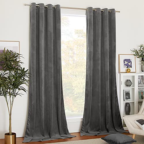 NICETOWN Grey Velvet Curtain Panels, Media Movie Theater Room Decor, Heavy-Duty Velvet Woven Home Theater Grommet Top Drapes for French Door (2 Pieces, W52xL96 inches)