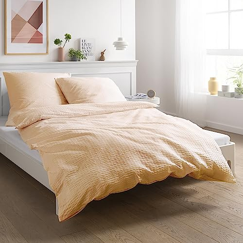 Carpe Sonno Seersucker Bettwäsche 135x200 Baumwolle | Kühlende Bettwäsche Sommer Bettbezug 135 x 200 Leichte Sommerbettwäsche Bügelfreie Bettwäsche-Sets | Apricot Bettwäsche Baumwolle 135x200