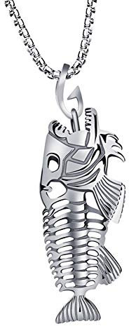 MIXIA Stainless Steel Fish Bone Fishing Hook Pendant Necklaces Hollow Fish Skeleton Necklace for Men Boys Gothic Jewelry