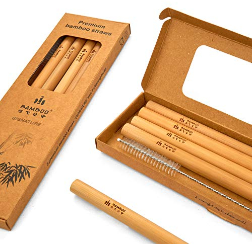 Kit di 5 cannucce in bambù – Qualità di lusso: 5 cannucce riutilizzabili da 20 cm della linea Signature by Bamboo Step e una spazzola per la pulizia in una scatola di carta kraft. (Diametro sottile: