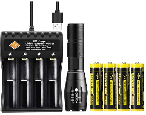 VISVIC Bright Torch, 4-Slot USB Battery Charger with 4 Rechargeable 18650 Batteries, 5 Modes, Zoomable 18650 Torch, Battery Charger Set Ideal As a Gift, Suitable for Cycling,Fishing,Dog Walking