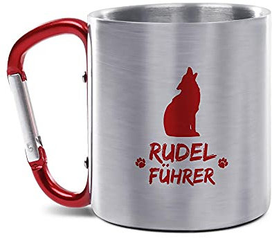 Tassendruck Karabiner Edelstahltasse - Rudelführer rot - Geschenk für Camper, Campingtasse, Hundeliebhaber, Outdoortasse, Geburtstagsgeschenk, 280 ml