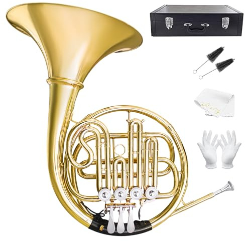 B Flat 4 Key Single Row French Horn, Lacquered Gold Brass F Horn with Hard Case, Professional Grade for Beginners, Students, Exams, Stage Performances, Orchestra Practice & Daily Training