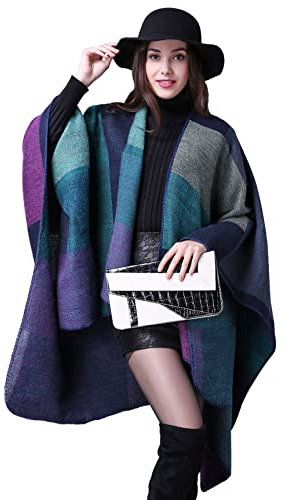 Damen Schal Wrap Knit Wolle Poncho Ruana Open Front Cardigan Decke Umhang für Herbst Winter, violett