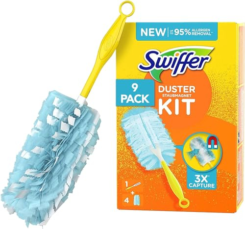 Swiffer Attrape & Retient Kit De Dépoussiérage avec 9 Manche Et 4 Recharges Plumeau Attrape-Poussière (9 x 1 Manche et 9 x 4 Recharges), Attrape Et Retient Jusqu’À 3 Fois Plus De Cheveux Et Poussière