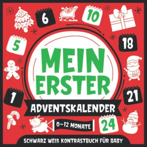 Mein Erster Adventskalender | Schwarz Weiß Kontrastbuch für Baby | 0-12 Monate: Einfache Schwarz-Weiß-Bilder zur Entwicklung des Sehvermögens von Babys