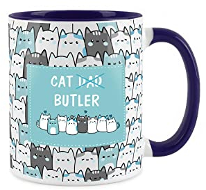 Purely Home Dads Cat Mug - Butler Servant Cats Lover Tabby Black Cat - Feline Blue and White Owner Gift - Secret Santa
