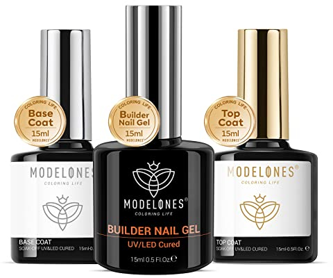 MODELONES Builder Gel w/ Top Coat & Base Coat Set, 3Pcs No Wipe Base & Top Coat Gel Nail Polish w/ Gel Builder for Nails, Hard Gel Nail Strengthener Extension Builder Gel in a Bottle, 7.0 millilitre