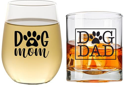 Juego de copas de vino y vasos de whisky Dog Mom para los amantes de los perros, el mejor regalo para dueños de perros, parejas, perros de rescate, hombres y mujeres, regalos divertidos y geniales