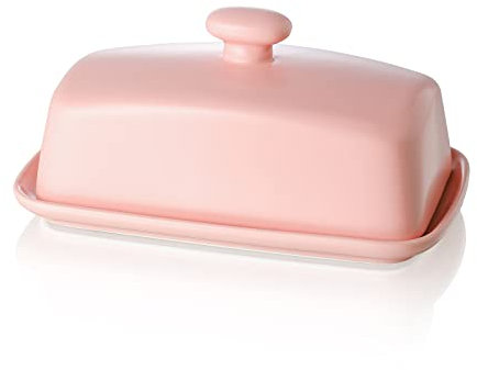 Butterdose Porzellan mit Deckel, Henten Home Große Butterschale für die Arbeitsplatte, Keramik Butterhalter für Butteraufbewahrung und Heimküchendekoration, Spülmaschinenfest (Matt Rosa)