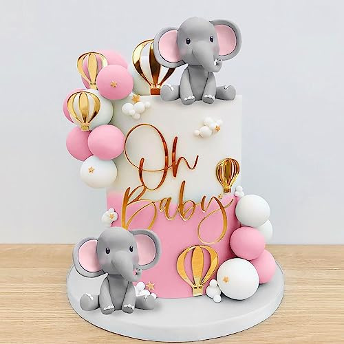 Elephant Cake Decoration with Mini Elephant Oh Baby Cake Topper Pink White Pearl Balls Hot Air Balloon for Baby Shower Girl Elephant Theme Birthday Party Supplies (PINK)
