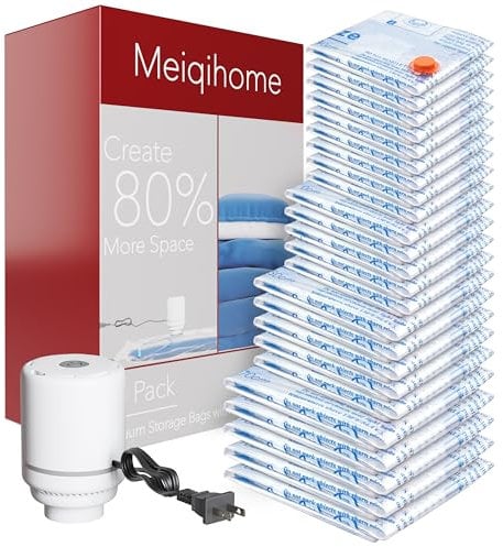 24 Pack Vacuum Storage Bags with Electric Air Pump,5 jumbo, 5 large, 5 midium, 5 small and 4 roll bags, Airtight Compression Bags for Clothes, Pillows, Comforters, Blankets, Bedding