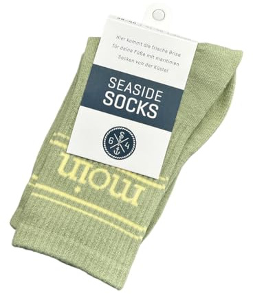 Seaside No.64 Socken mit maritimer Botschaft – verschiedene Ausführungen | Tennissocken im nordischen Stil - farbige Strümpfe mit Schriftzug - Unisex auch für alle Landratten – Seaside No.64