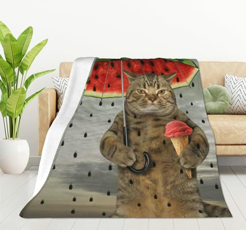 HGOD DESIGNS Lustige Tier-Katzen-Überwurfdecke. Die niedliche Katze hält einen Regenschirm in einer Pfote und Fruchteis in anderen weichen Decken und Überwürfen, 100 x 130 cm,