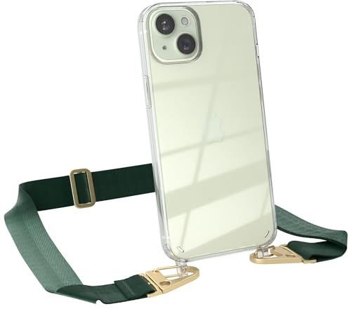 EAZY CASE - Hülle mit Band kompatibel mit iPhone 15 Plus Handyhülle mit Umhängeband Silikonhülle Transparent Schutzhülle Handykette zum Umhängen Handykordel Smartphone in Pinien Grün - Clips Gold