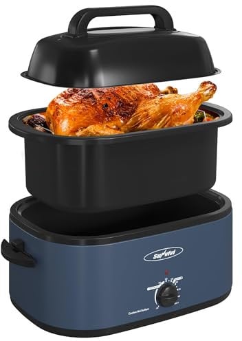 Sunvivi 26 Quart Electric Roaster Oven with Lid, Removable Pan, Self-basting Lid, Thaw/warming Setting, Blue