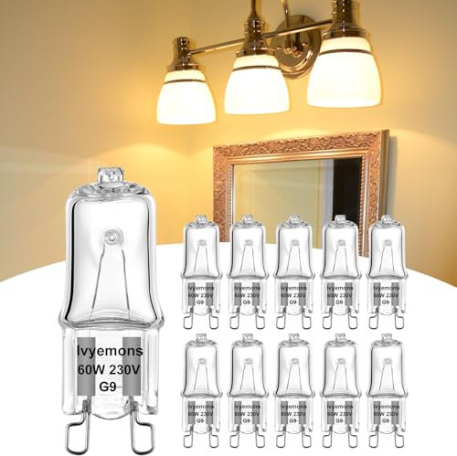 Ivyemons G9 Halogen 60W, 10 Pack Dimmable Halogen Leuchtmittel High Output 60W CRI100, 720LM 2800K Warm White, Clear Glass, 2 Pin Base, Stiftsockellampe G9 for Cabinet Light, Chandelier