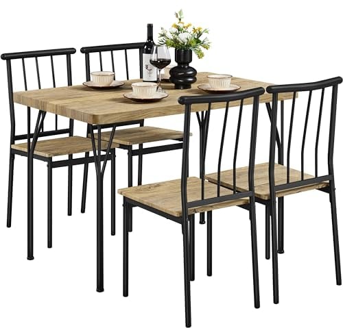 Yaheetech Dining Table and Chairs Set for 4, Modern Kitchen Breakfast Bar with 40mm Thick Tabletop and 4 Chairs with Metal Tubular Frame, Space Saving Design for Apartment/Dining Room, Brown