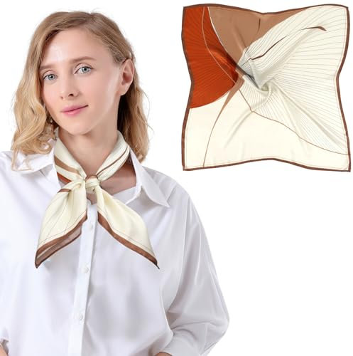 Bezioner Seidentuch 100% Maulbeerseide Schal Damen Seidentuch Haare 68x68cm Bandana Halstuch Quadratisch Kopftuch Mädchen Weiß/Braun