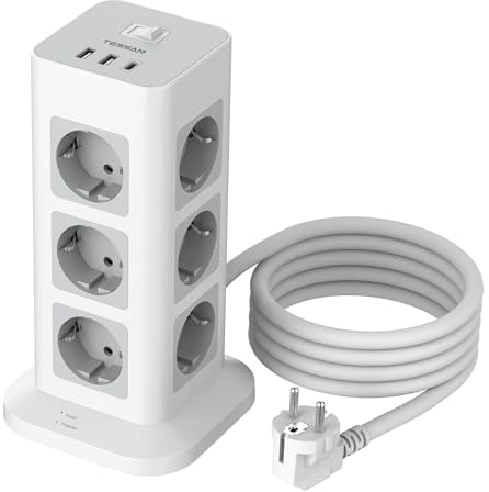 TESSAN Regleta Enchufes Proteccion Sobretension 12 Tomas con 1 USB C y 2 USB A, Torre Regletas Enchufes Vertical con Interruptor, Alargador 2M, 15 en 1 Torre Multiple 3600W para Mesa, Oficina, Casa