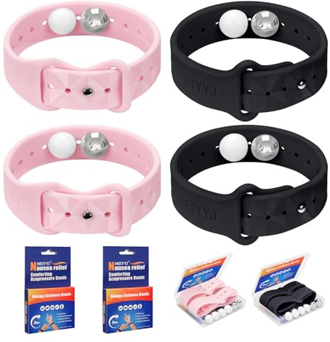 MEIYYJ Travel Sickness Bands for Adults and Kid Adjustable Acupressure Anti Nausea Wristbands for Motion & Morning Sickness Relief Bands for Pregnant Natural Relief-Black & Pink-2 Pairs