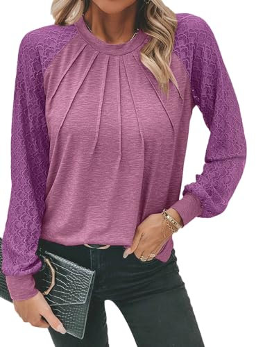 Chicrise Camicia Donna Elegante Scollo Rotondo Maglia Pizzo Maniche Lunghe Blusa Autunno Moda Viola 2X Large 50-54
