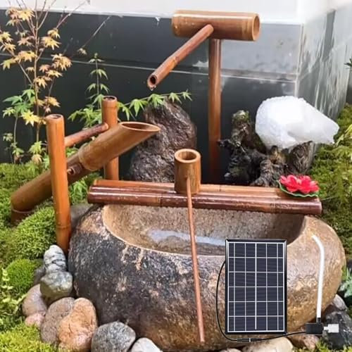HJDSUDU Kit de Fontaine Solaire en Bambou, Fontaine à Eau à Bascule Japonaise Bambo, Fontaine Solaire en Bambou avec Pompe à Eau, Fontaine en Bambou pour Jardin, terrasse, étang,Marron