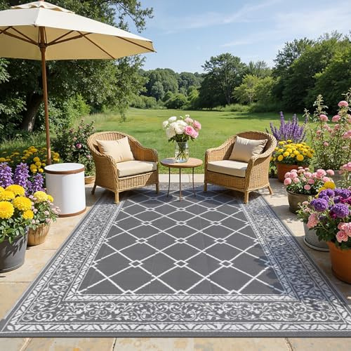 SHACOS Outdoor Rug for Patios Waterproof 270x360 cm Reversible Garden Rug Patio Rugs UV Resistant Foldable Outdoor Carpet Mat Plastic Straw Rugs for Balcony Decking Camping Beach, Grey