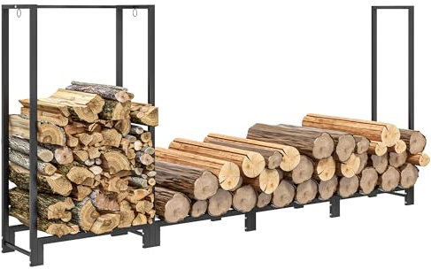 Outsunny Kaminholzregal 240 x 32 x 115 cm Brennholzregal mit zwei Abschnitte, drei Haken, Feuerholzregal für Outdoor, Indoor, bis 300 kg, Stahl, Schwarz