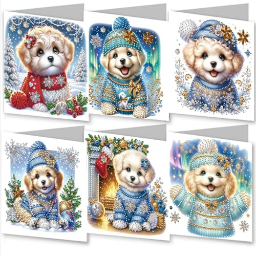 Meecaa Dog Socks Hat Animal 6pcs Handmade 5D Diamond Painting Christmas Greeting Cards for Adults, DIY Diamond Art Postcards for Friends Family Lover Gift (15CMx30CM) (Dog)