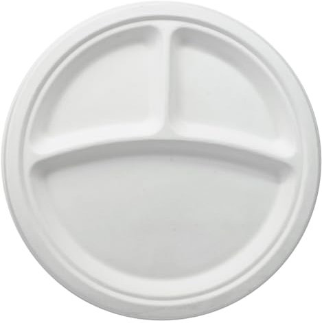 wisefood Zuckerrohr Teller - 50 Stück Bagasse Einwegteller drei-geteilt ∅ 26cm - Einmal Pappteller ideal als Partyteller oder Menüteller - Biologisch abbaubares Zuckerrohr Geschirr ohne PLA/PE (50)