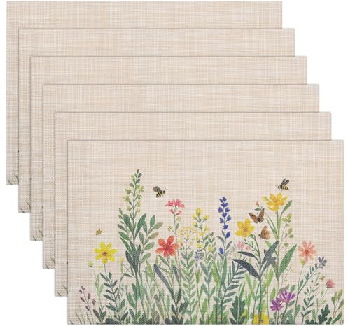 Banchif Abwaschbar Doppelseitig Tischsets 6er Set, Blumen Schmetterling Frühling Tischdeko Ostern Frühling Bankett Platzsets Urlaub Dekorative Tischsets Saisonal Platzsets Beige