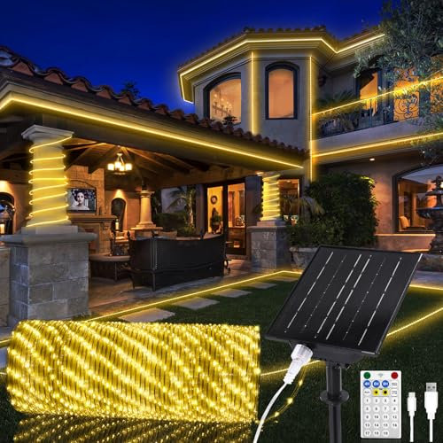StarryEver 30M 1200 LEDs Solar Lichterschlauch Außen, 2700K Warmweiß LED Lichterkette mit Fernbedienung & USB Port, Outdoor Lichterschlauch Außen, LED Lchtschlauch für Trampolin Garten Balkon