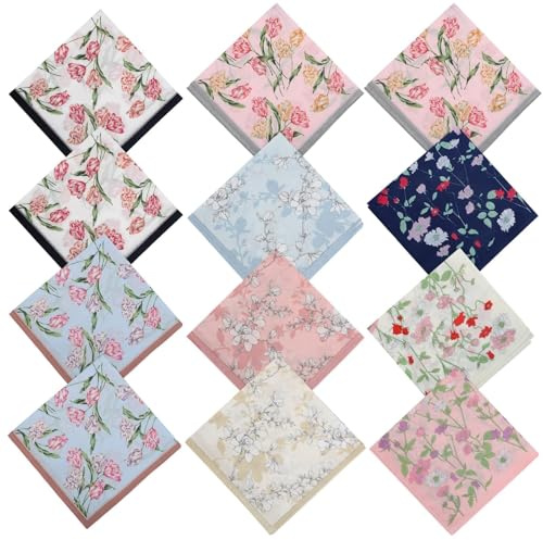 EEEKit Taschentücher Damen, 12PCS Baumwolle Stoff Taschentücher mit Motiv Blumen für Hochzeit Geschenke, 45x45 Cm