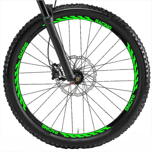 Decalart Kit adesivi per Cerchi Ruote Bici Mtb mountain bike scritta RACING completo per 2 ruote decalcomanie sticker filetto strisce L005 (069 Verde FLUO, 27,5 Pollici)