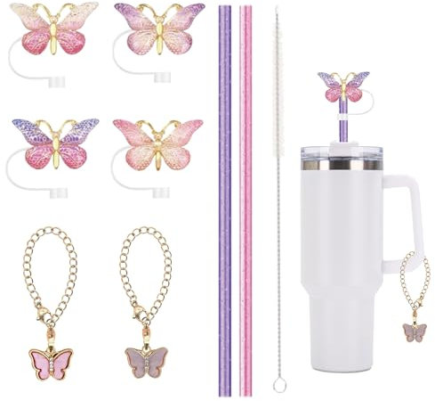ChilArt Stanley Cup Lot de 9 accessoires pour tasse Stanley Cup - Couvercle de paille papillon anti-fuite - Ornement suspendu - Paille réutilisable extra longue de 30 cm et brosse à paille