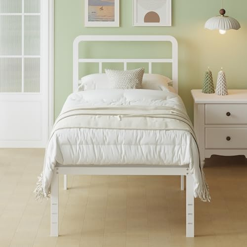 Lutown-Teen Single Bed Frame 3ft with Curved Headboard, Heavy Duty Metal Single Bed Frame 46 cm High with Steel Slats, Under-bed Storage, Easy Assembly, Noise Free, White