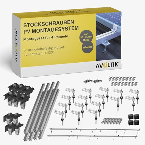 PV Halterung Blechdach Montageset – Balkonkraftwerk – inkl. 200 mm Stockschrauben M10, EPDM-Dichtung, 1,25 m Aluschienen & Modulhalter – für Trapez- & Wellblech