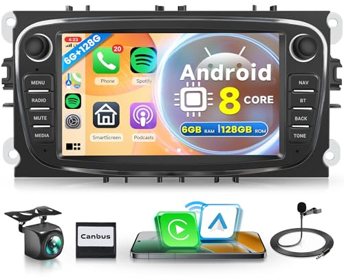 6G+128G 8 Core Inalámbrico Carplay Android Radio Coche para Ford Focus II mk2 Mondeo S-Max C-Max Galaxy 7 Pulgadas Radio Coche Android Auto GPS WiFi Mirror Link Bluetooth FM/RDS/DSP/SWC Cámara Trasera