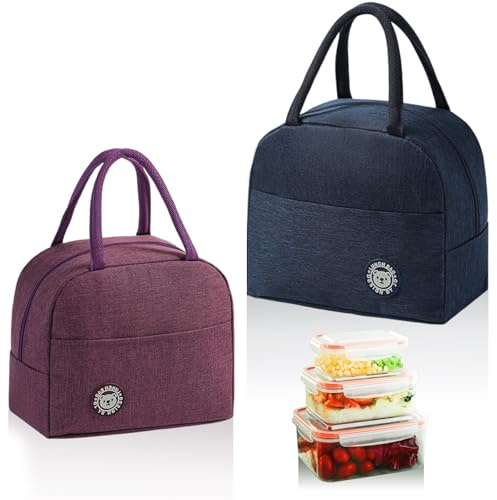 MYLERCT 2 Stück Tragbare Lunchbox Tasche mit Alufolie, Cyan und Lila | Lunchbox Kühltasche, faltbar Isoliert Lunchtasche, Wasserdicht, 300D-Gewebe, 23x21x13 cm für Arbeit, Schule & Reisen
