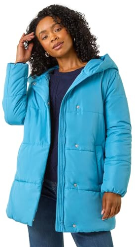 Roman Petite Hooded Quilted Puffer Coat for Women UK - Ladies Everyday Autumn Winter Round Neckline Comfy Soft Evening Vacation Work Party Night Out